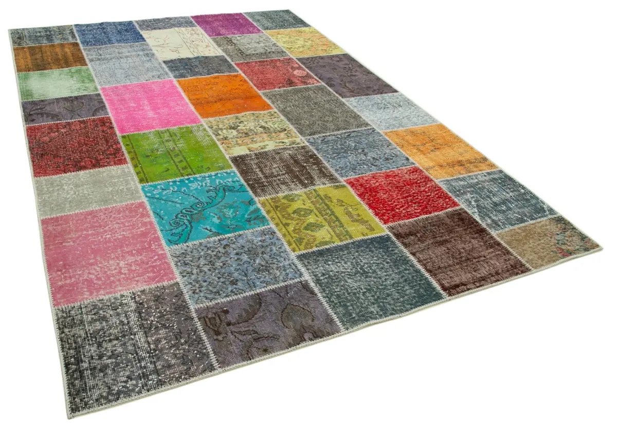 Patchwork Multi Pamuk Üzerine Yün El Dokuma Kilim-205x300 - Görsel 2
