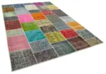 Patchwork Multi Pamuk Üzerine Yün El Dokuma Kilim-205x300 - Görsel 2