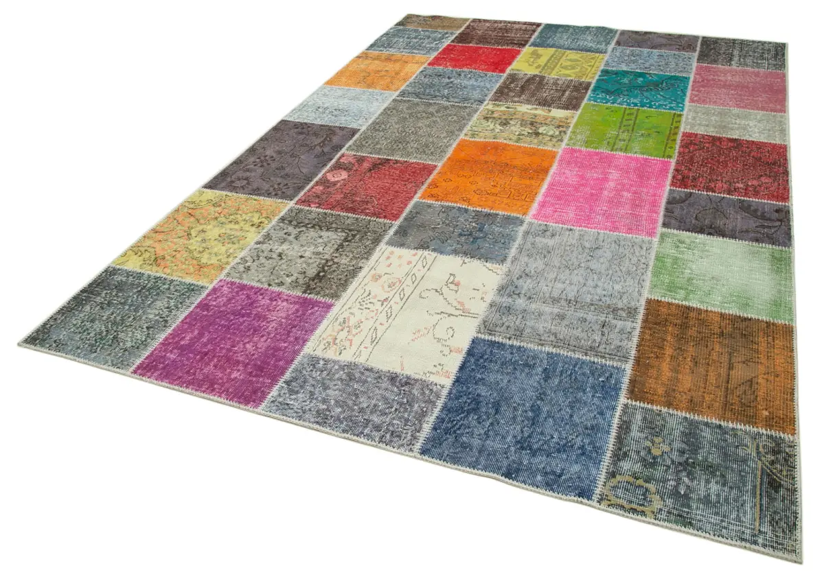Patchwork Multi Pamuk Üzerine Yün El Dokuma Kilim-205x300 - Görsel 3