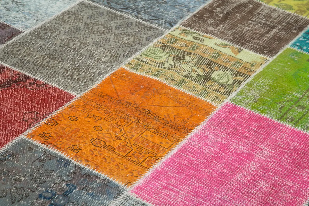 Patchwork Multi Pamuk Üzerine Yün El Dokuma Kilim-205x300 - Görsel 5