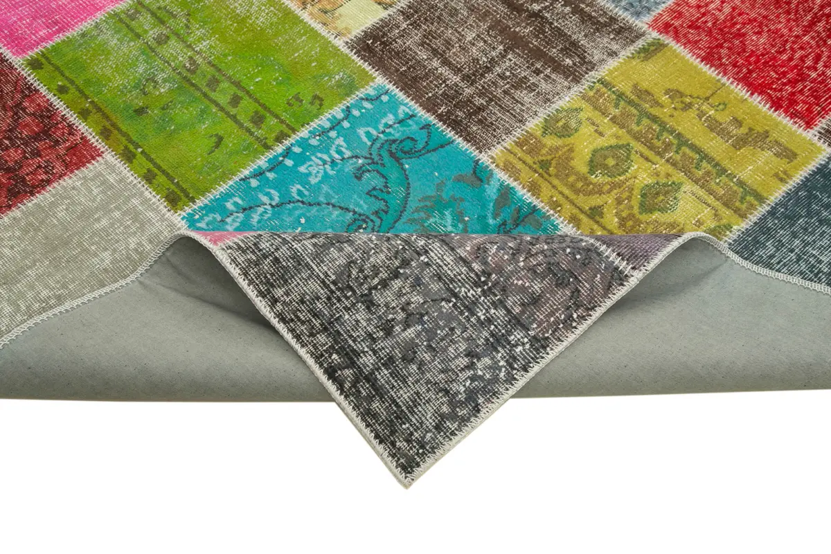 Patchwork Multi Pamuk Üzerine Yün El Dokuma Kilim-205x300 - Görsel 6