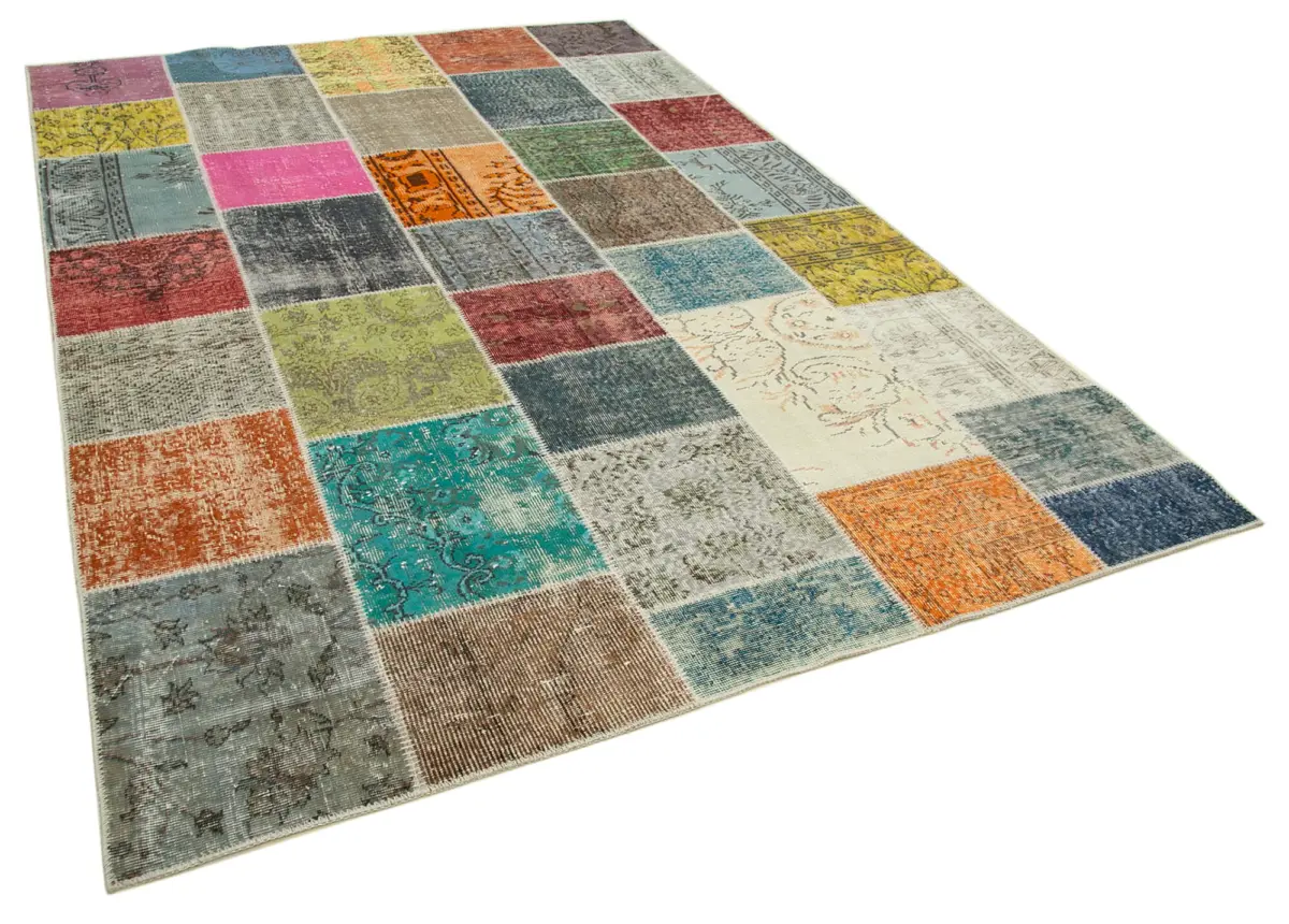 Patchwork Multi Pamuk Üzerine Yün El Dokuma Kilim-205x298 - Görsel 2