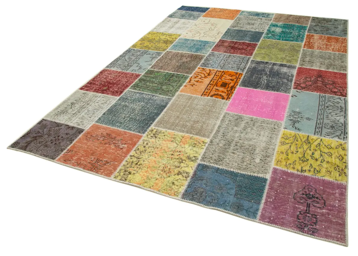 Patchwork Multi Pamuk Üzerine Yün El Dokuma Kilim-205x298 - Görsel 3
