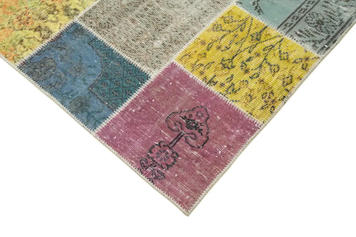 Patchwork Multi Pamuk Üzerine Yün El Dokuma Kilim-205x298 - Görsel 4