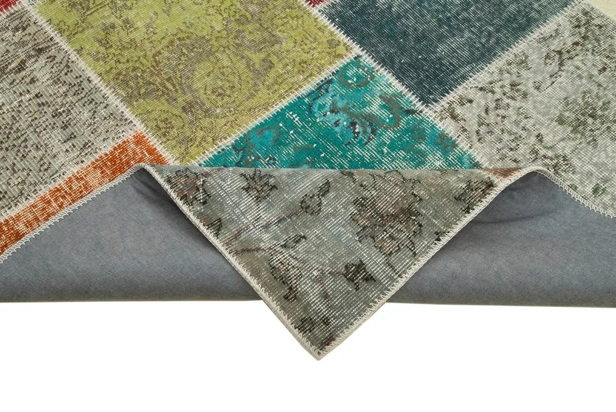 Patchwork Multi Pamuk Üzerine Yün El Dokuma Kilim-205x298 - Görsel 6