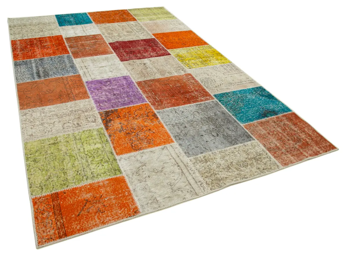 Patchwork Multi Pamuk Üzerine Yün El Dokuma Kilim-194x300 - Görsel 2