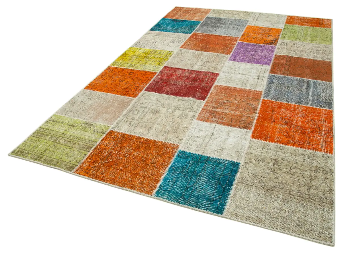Patchwork Multi Pamuk Üzerine Yün El Dokuma Kilim-194x300 - Görsel 3