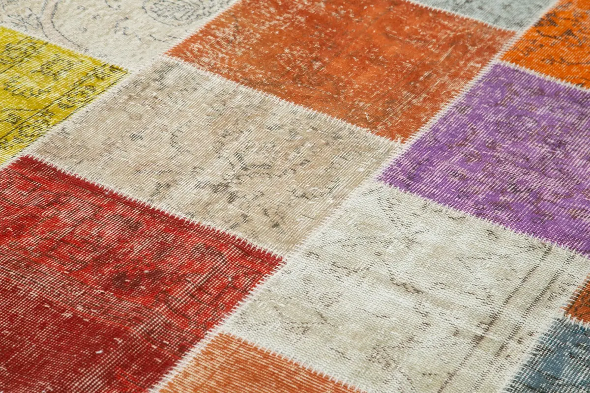 Patchwork Multi Pamuk Üzerine Yün El Dokuma Kilim-194x300 - Görsel 5