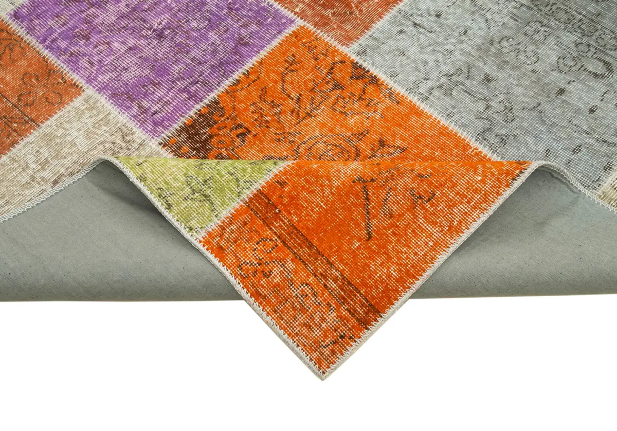 Patchwork Multi Pamuk Üzerine Yün El Dokuma Kilim-194x300 - Görsel 6