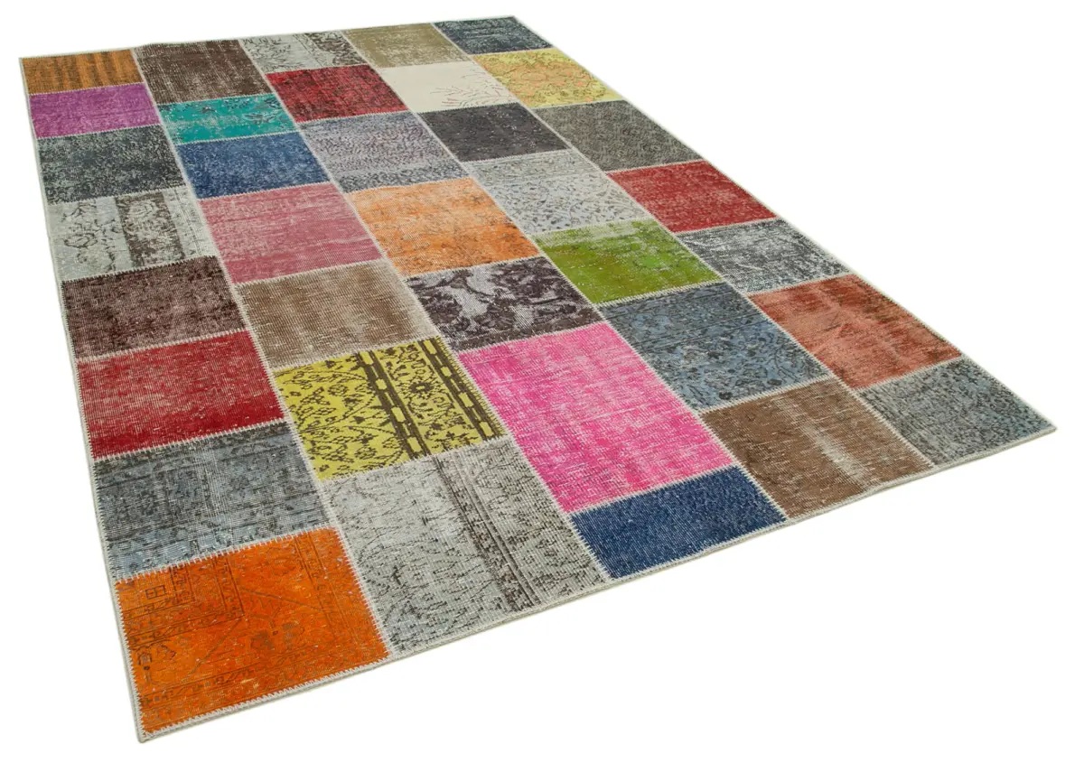 Patchwork Multi Pamuk Üzerine Yün El Dokuma Kilim-205x297 - Görsel 2