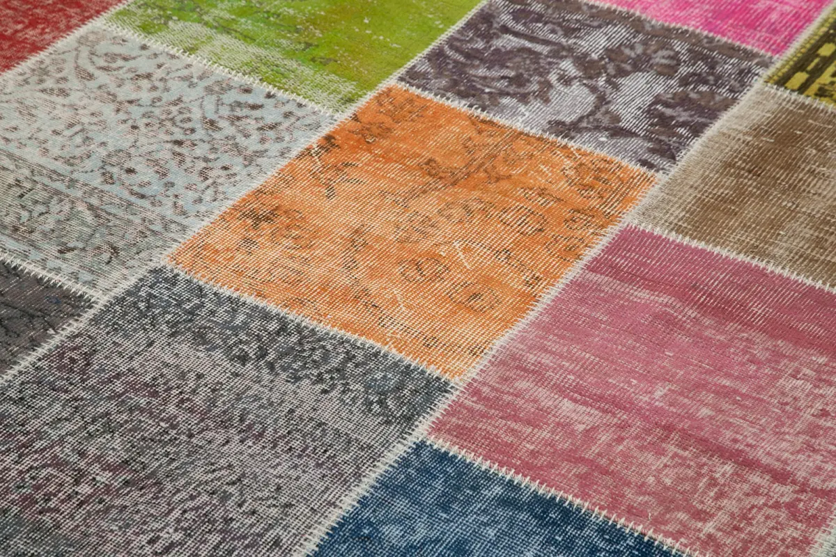 Patchwork Multi Pamuk Üzerine Yün El Dokuma Kilim-205x297 - Görsel 5
