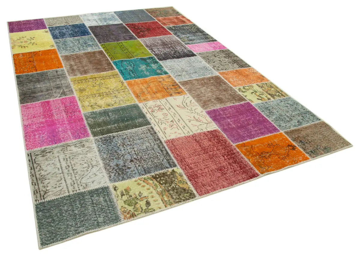 Patchwork Multi Pamuk Üzerine Yün El Dokuma Kilim-205x297 - Görsel 2