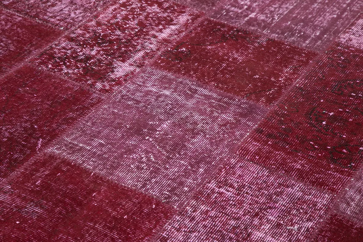 Patchwork Kırmızı Pamuk Üzerine Yün El Dokuma Kilim-199x300 - Görsel 5