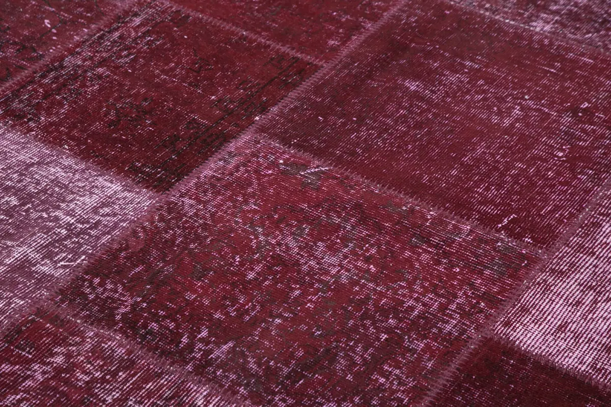 Patchwork Kırmızı Pamuk Üzerine Yün El Dokuma Kilim-193x300 - Görsel 5