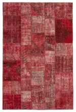 Patchwork Kırmızı Pamuk Üzerine Yün El Dokuma Kilim-200x300