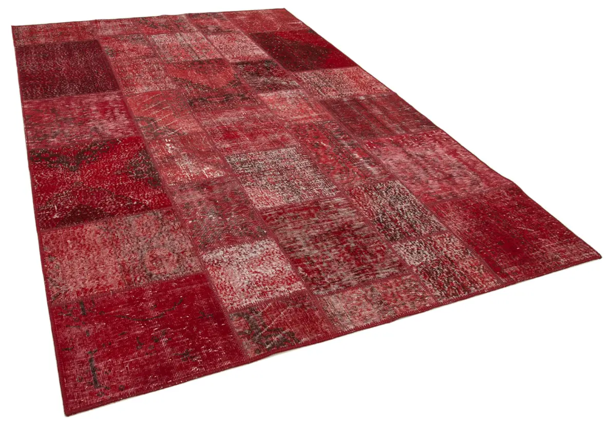 Patchwork Kırmızı Pamuk Üzerine Yün El Dokuma Kilim-200x300 - Görsel 2