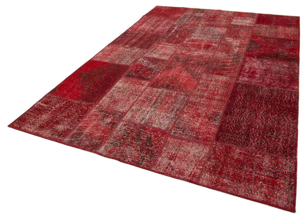 Patchwork Kırmızı Pamuk Üzerine Yün El Dokuma Kilim-200x300 - Görsel 3