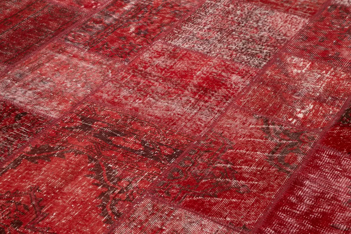 Patchwork Kırmızı Pamuk Üzerine Yün El Dokuma Kilim-200x300 - Görsel 5