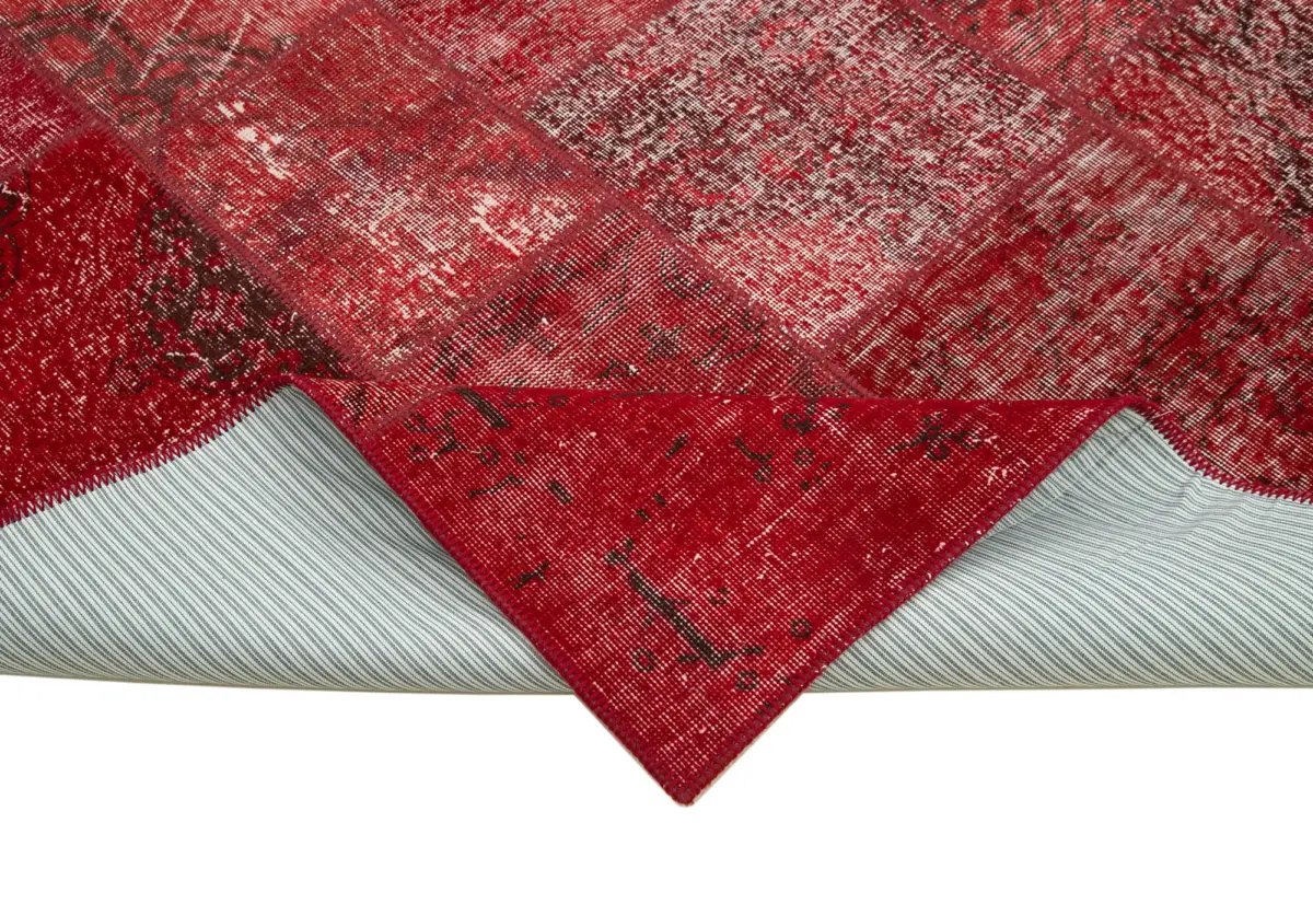 Patchwork Kırmızı Pamuk Üzerine Yün El Dokuma Kilim-200x300 - Görsel 6
