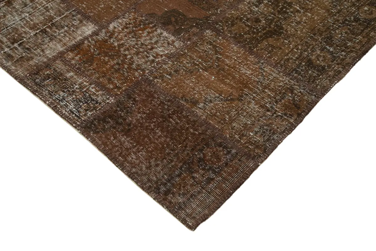 Patchwork Kahverengi Pamuk Üzerine Yün El Dokuma Kilim-204x302 - Görsel 4