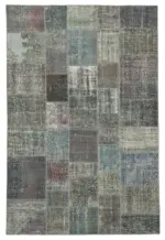 Patchwork Gri Pamuk Üzerine Yün El Dokuma Kilim-197x300