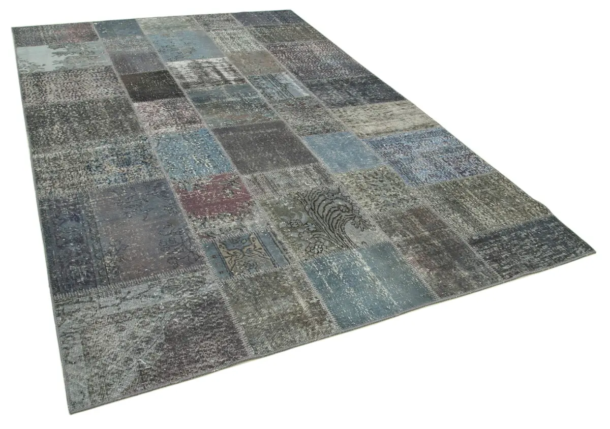 Patchwork Gri Pamuk Üzerine Yün El Dokuma Kilim-197x300 - Görsel 2