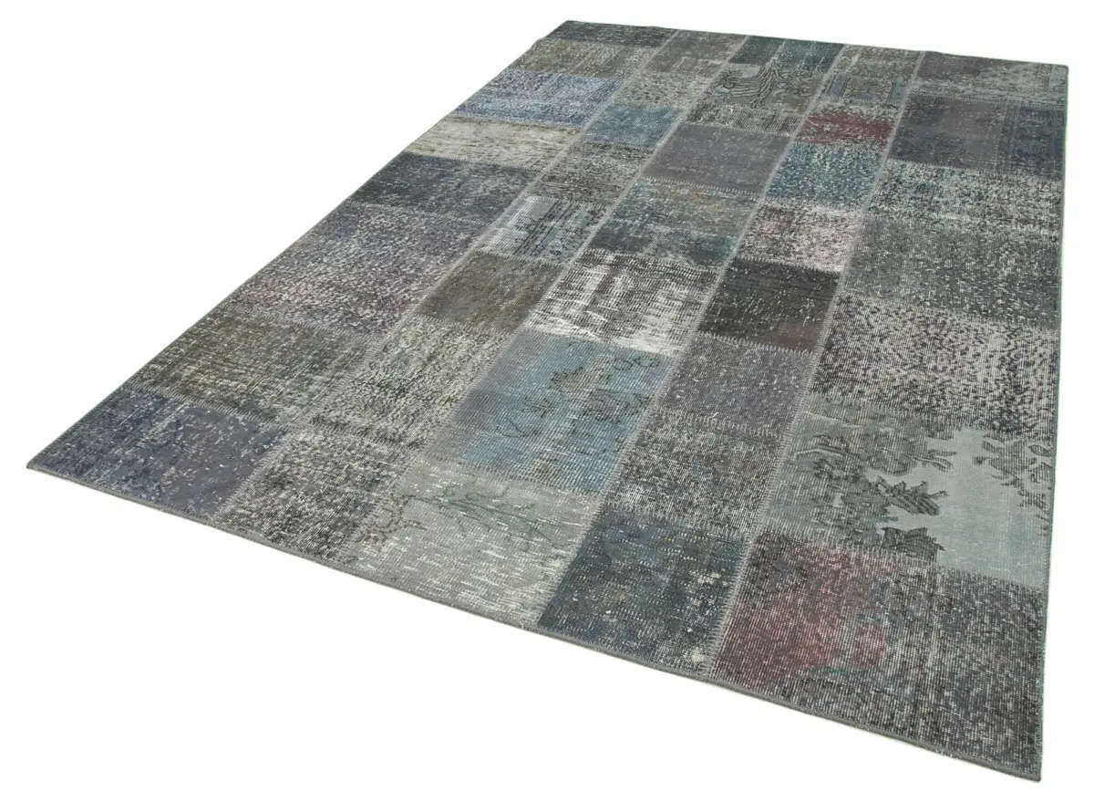 Patchwork Gri Pamuk Üzerine Yün El Dokuma Kilim-197x300 - Görsel 3