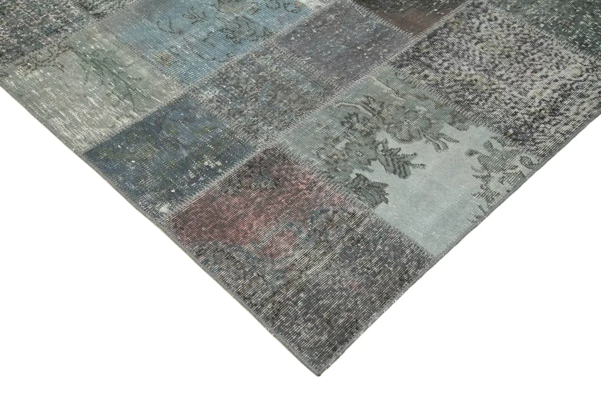 Patchwork Gri Pamuk Üzerine Yün El Dokuma Kilim-197x300 - Görsel 4