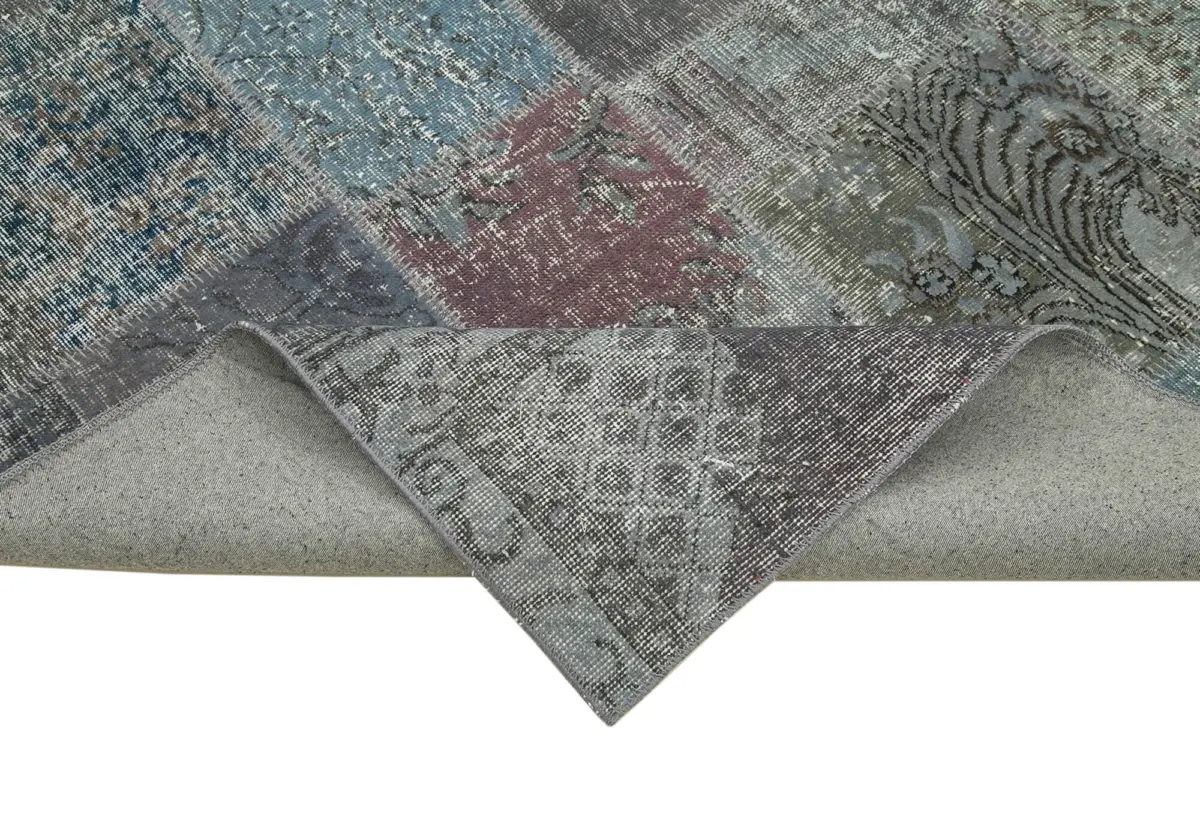Patchwork Gri Pamuk Üzerine Yün El Dokuma Kilim-197x300 - Görsel 6
