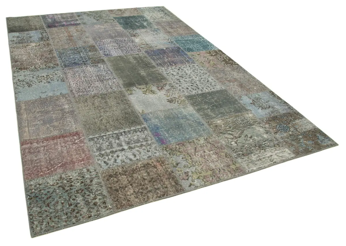 Patchwork Gri Pamuk Üzerine Yün El Dokuma Kilim-205x300 - Görsel 2