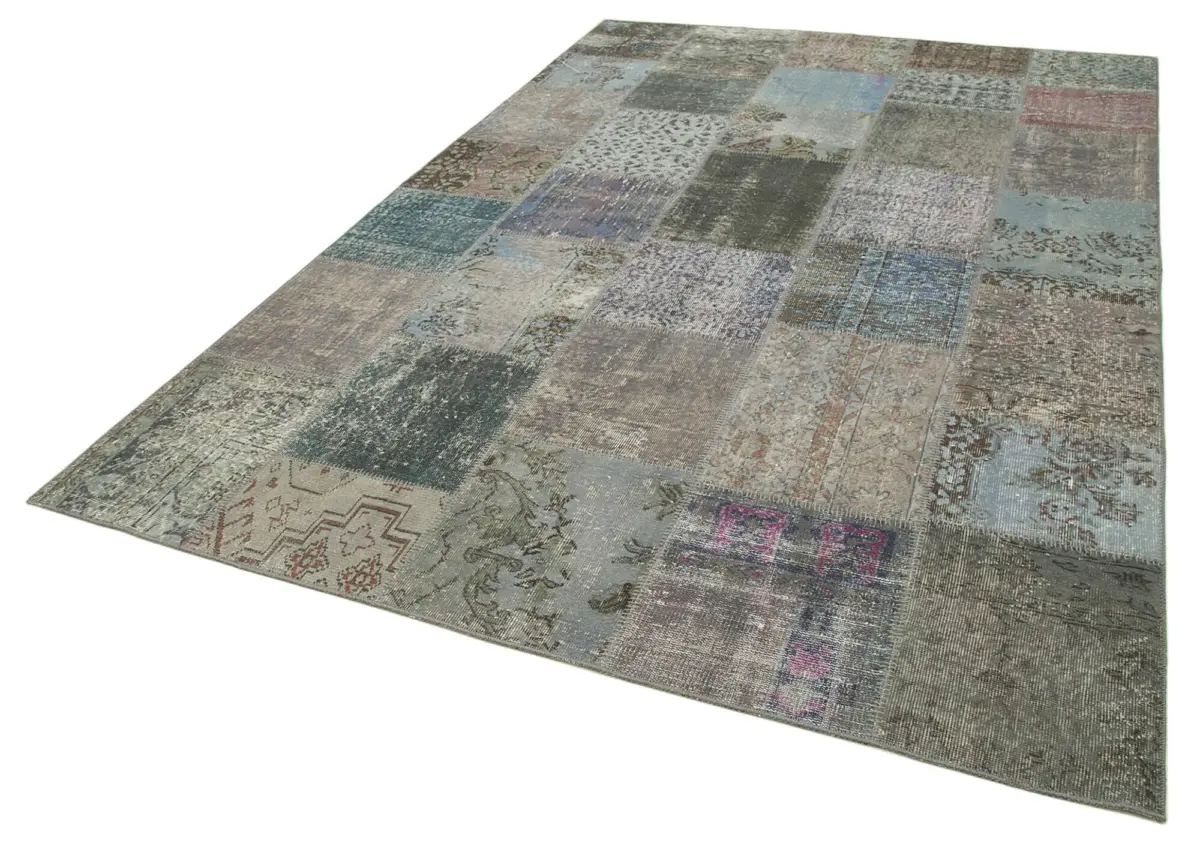 Patchwork Gri Pamuk Üzerine Yün El Dokuma Kilim-205x300 - Görsel 3