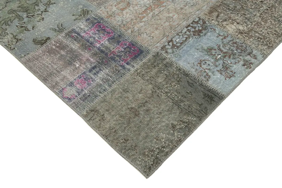 Patchwork Gri Pamuk Üzerine Yün El Dokuma Kilim-205x300 - Görsel 4