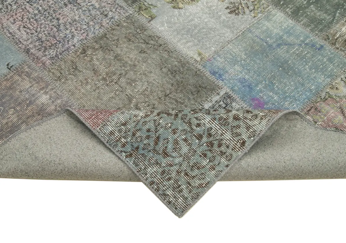 Patchwork Gri Pamuk Üzerine Yün El Dokuma Kilim-205x300 - Görsel 6