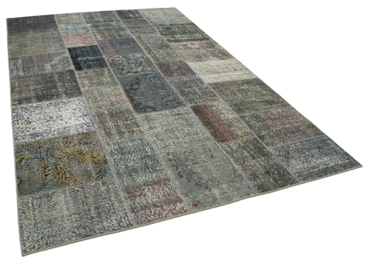 Patchwork Gri Pamuk Üzerine Yün El Dokuma Kilim-200x300 - Görsel 2