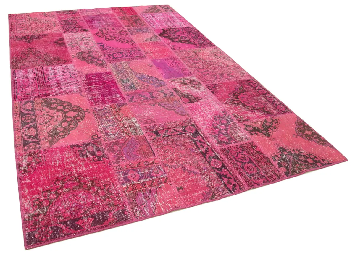 Patchwork Pembe Pamuk Üzerine Yün El Dokuma Kilim-200x300 - Görsel 2