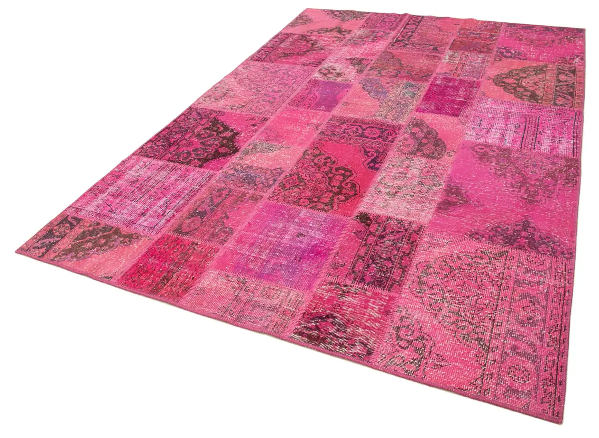 Patchwork Pembe Pamuk Üzerine Yün El Dokuma Kilim-200x300 - Görsel 3