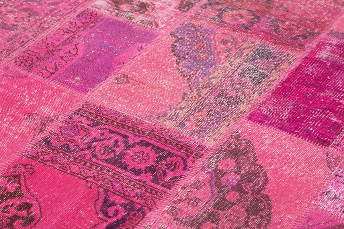 Patchwork Pembe Pamuk Üzerine Yün El Dokuma Kilim-200x300 - Görsel 5