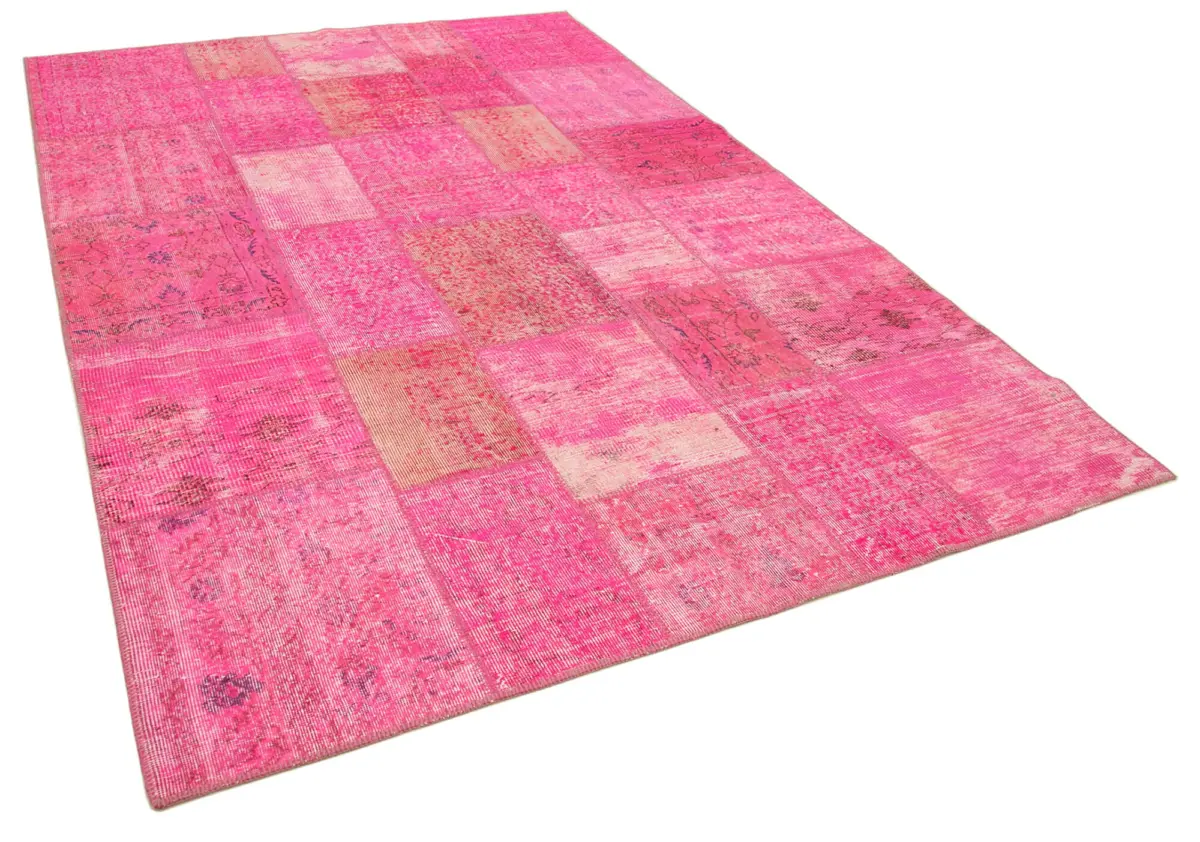Patchwork Pembe Pamuk Üzerine Yün El Dokuma Kilim-203x300 - Görsel 2