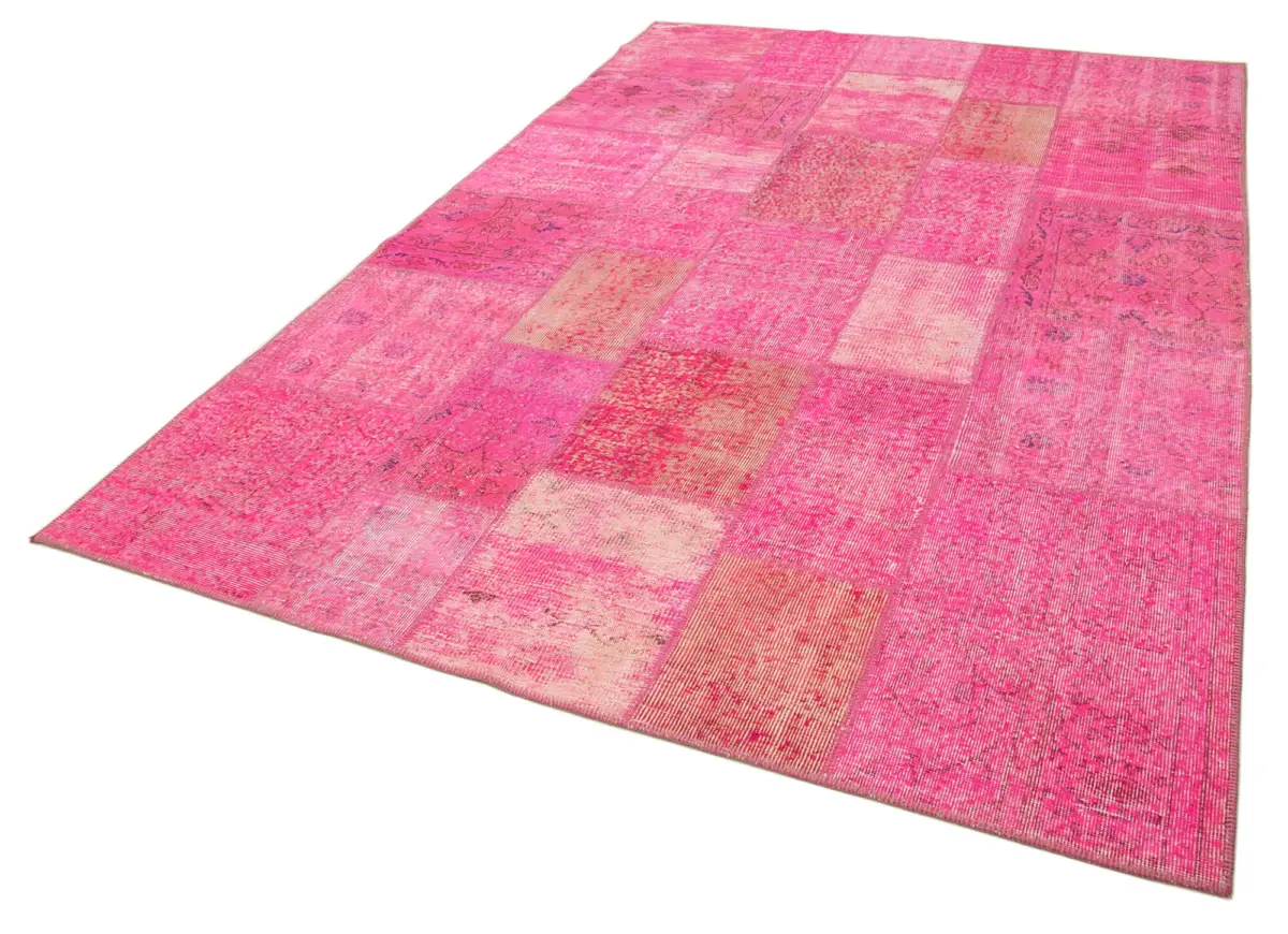 Patchwork Pembe Pamuk Üzerine Yün El Dokuma Kilim-203x300 - Görsel 3