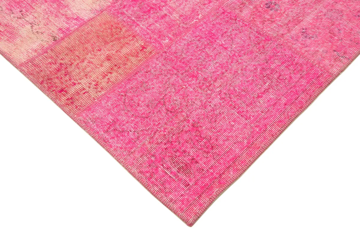 Patchwork Pembe Pamuk Üzerine Yün El Dokuma Kilim-203x300 - Görsel 4