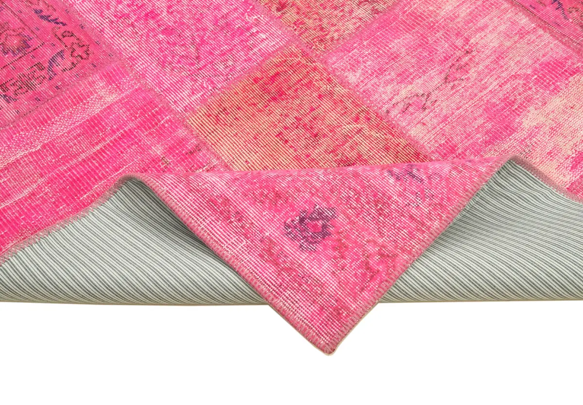Patchwork Pembe Pamuk Üzerine Yün El Dokuma Kilim-203x300 - Görsel 6