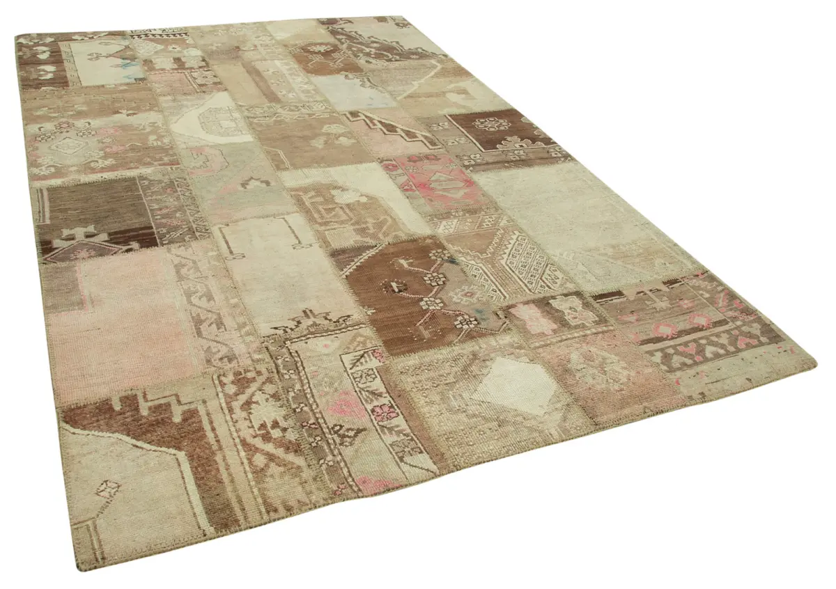 Patchwork Bej Pamuk Üzerine Yün El Dokuma Kilim-204x303 - Görsel 2