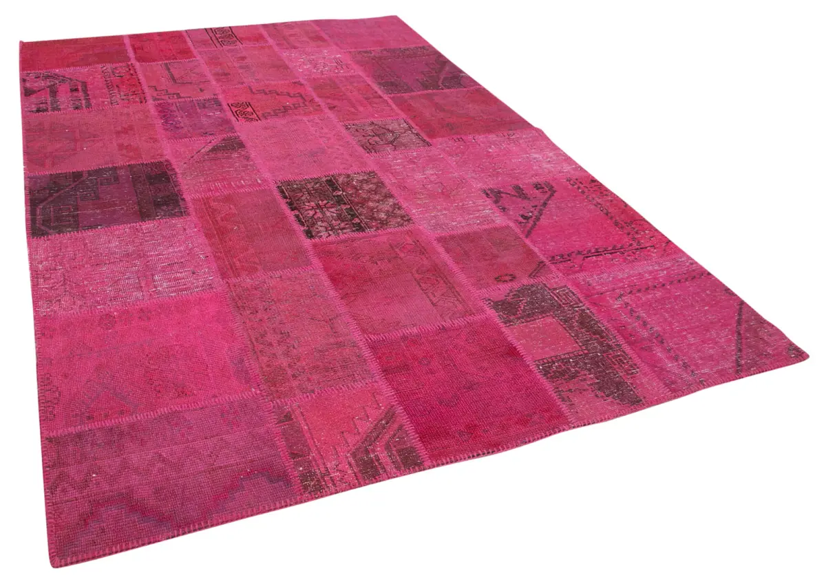 Patchwork Pembe Pamuk Üzerine Yün El Dokuma Kilim-203x302 - Görsel 2