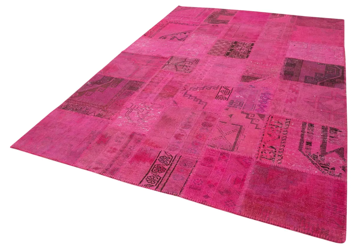 Patchwork Pembe Pamuk Üzerine Yün El Dokuma Kilim-203x302 - Görsel 3
