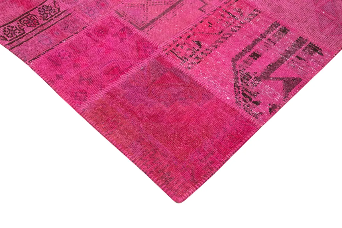 Patchwork Pembe Pamuk Üzerine Yün El Dokuma Kilim-203x302 - Görsel 4