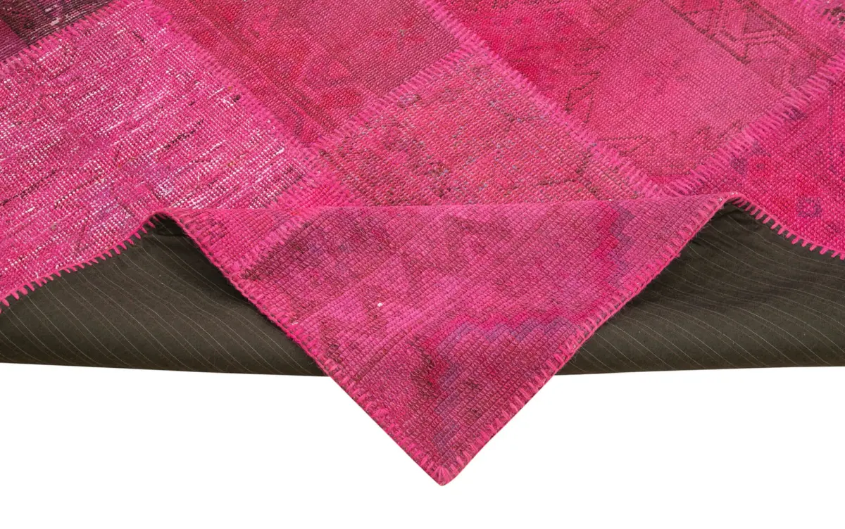 Patchwork Pembe Pamuk Üzerine Yün El Dokuma Kilim-203x302 - Görsel 6
