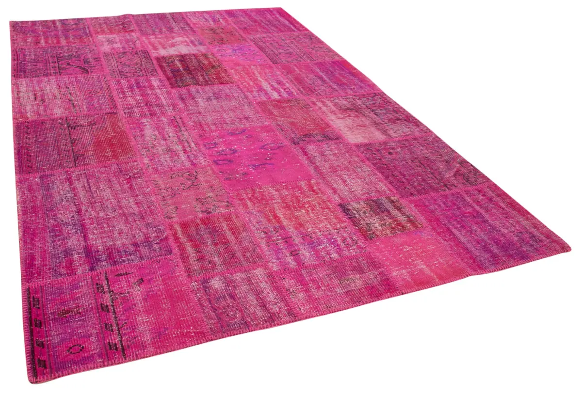 Patchwork Pembe Pamuk Üzerine Yün El Dokuma Kilim-206x302 - Görsel 2