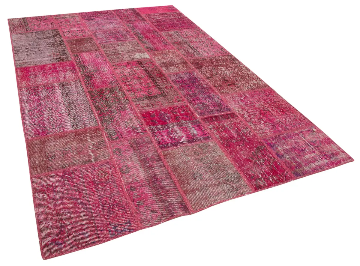 Patchwork Pembe Pamuk Üzerine Yün El Dokuma Kilim-186x288 - Görsel 2