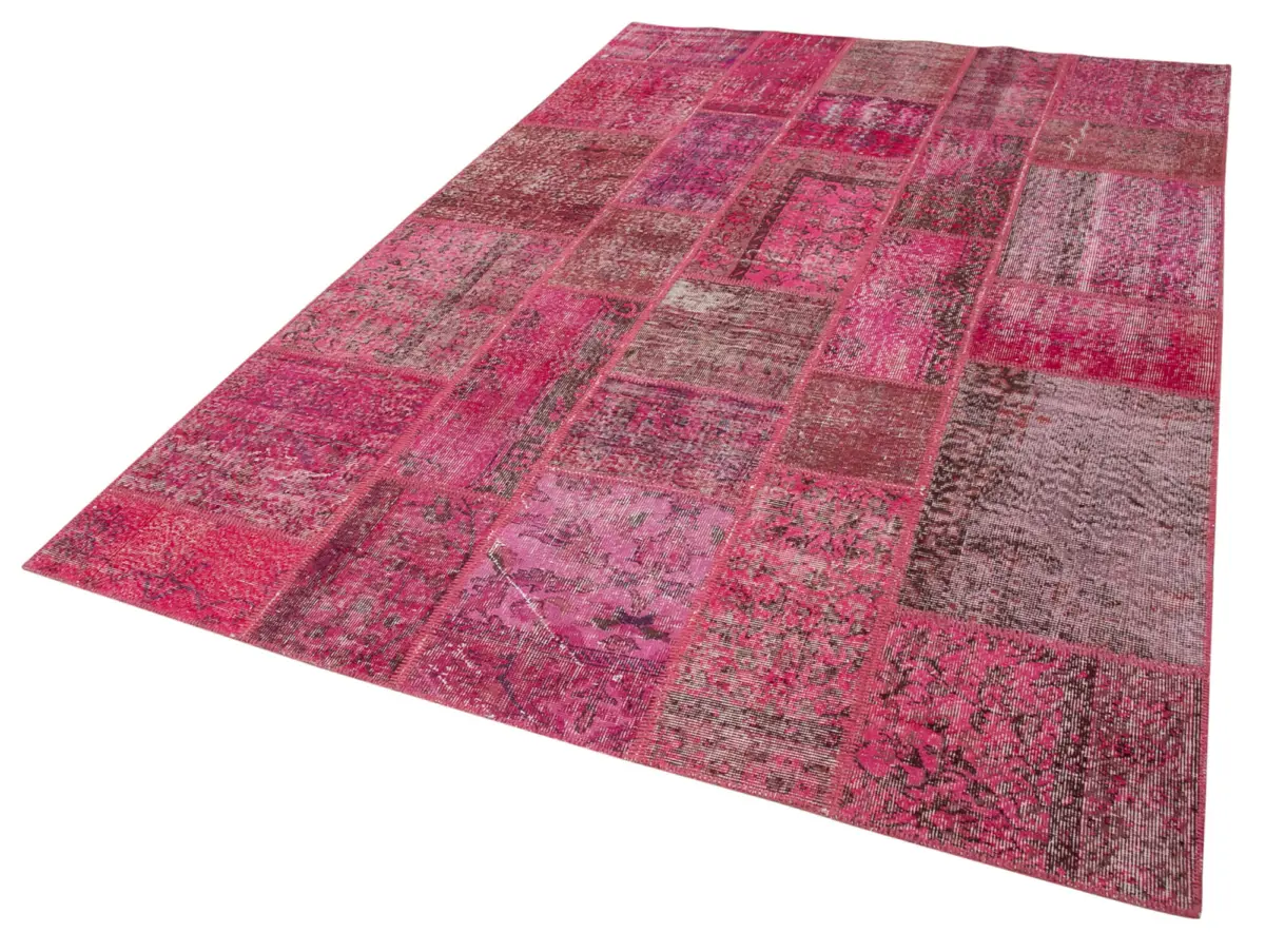 Patchwork Pembe Pamuk Üzerine Yün El Dokuma Kilim-186x288 - Görsel 3