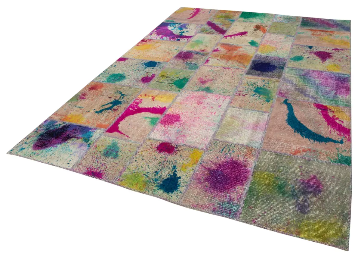 Patchwork Multi Pamuk Üzerine Yün El Dokuma Kilim-204x300 - Görsel 3